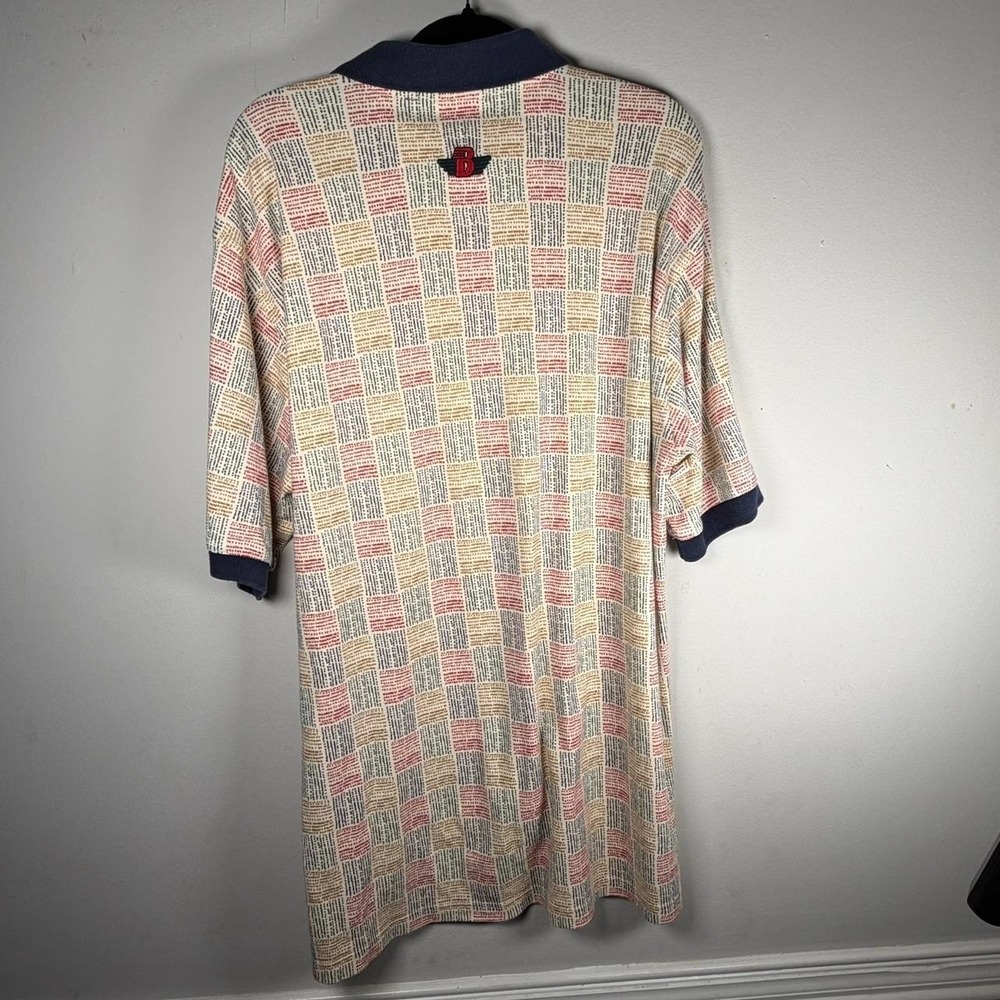 Bunkers Vintage Mens Large Geometric Dot Grid Polo Shirt Cream Navy Red Cotton - Picture 5 of 8